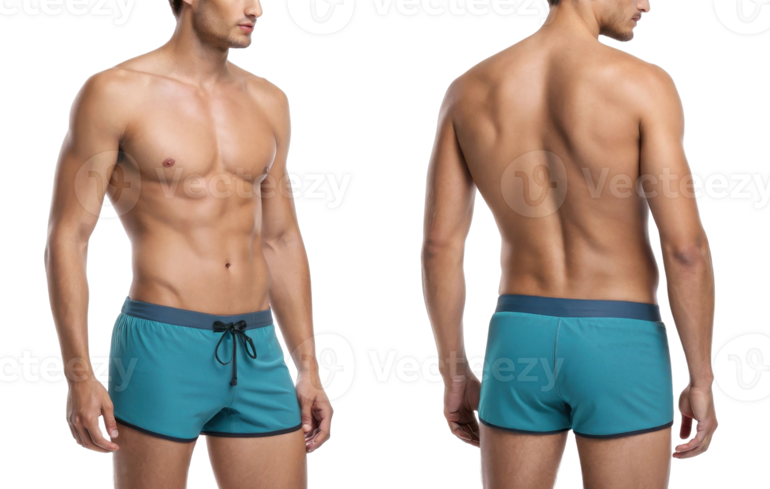 Men swimwear in teal color, showcasing fitted design and drawstring waist. Perfect for beach or pool activities png