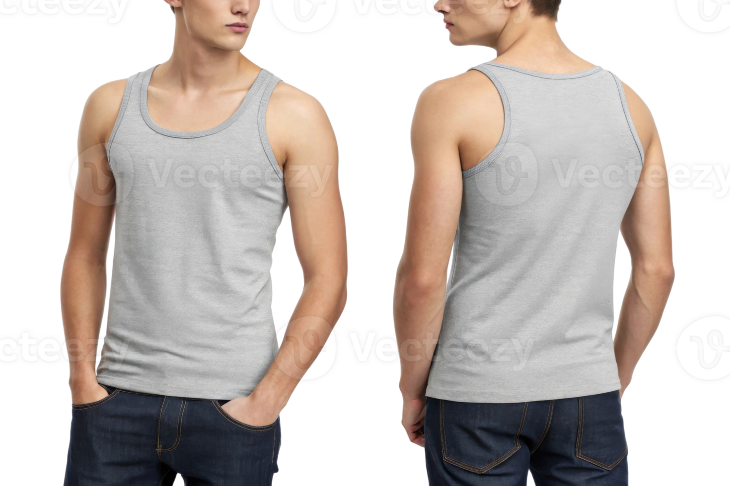 Light gray tank top worn by man, showcasing front and back views png