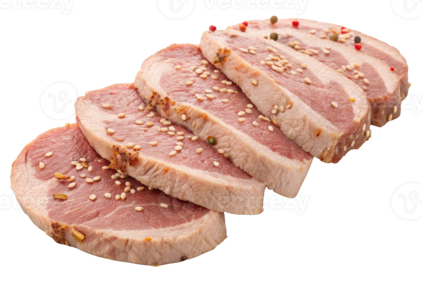 Sliced meat with sesame seeds and spices on transparency background png