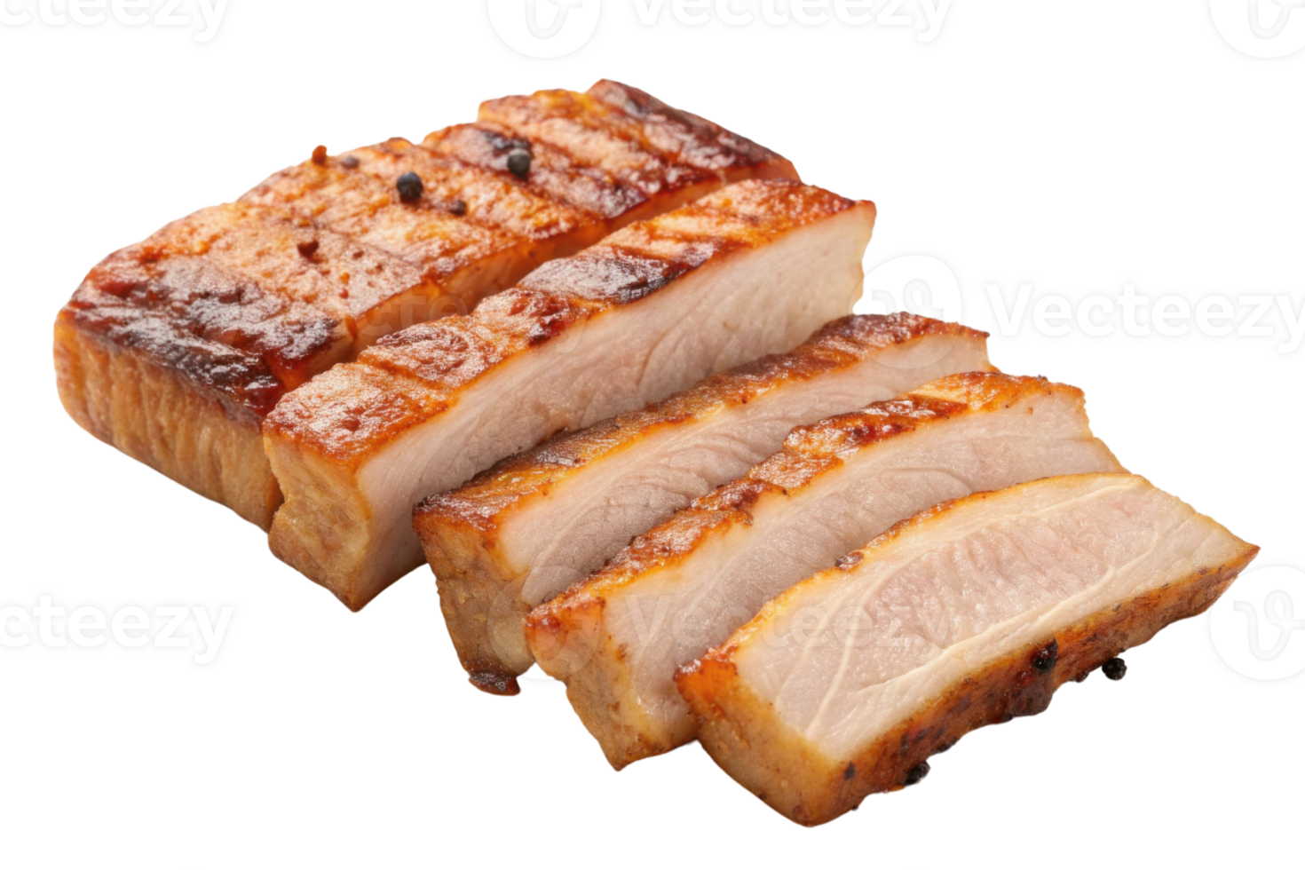 Succulent roasted pork belly slices with crispy skin and tender meat png