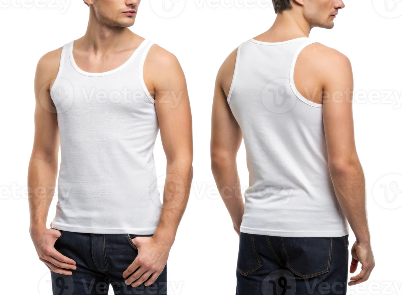 man wearing white tank top, showcasing front and back views, casual style png