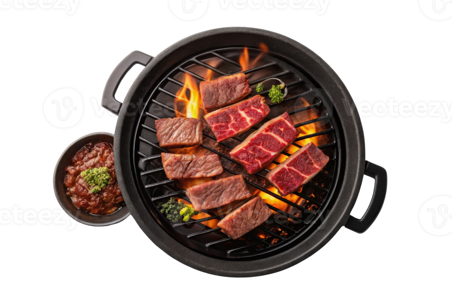 Grilled meat on barbecue with flames and dipping sauce, delicious and inviting png