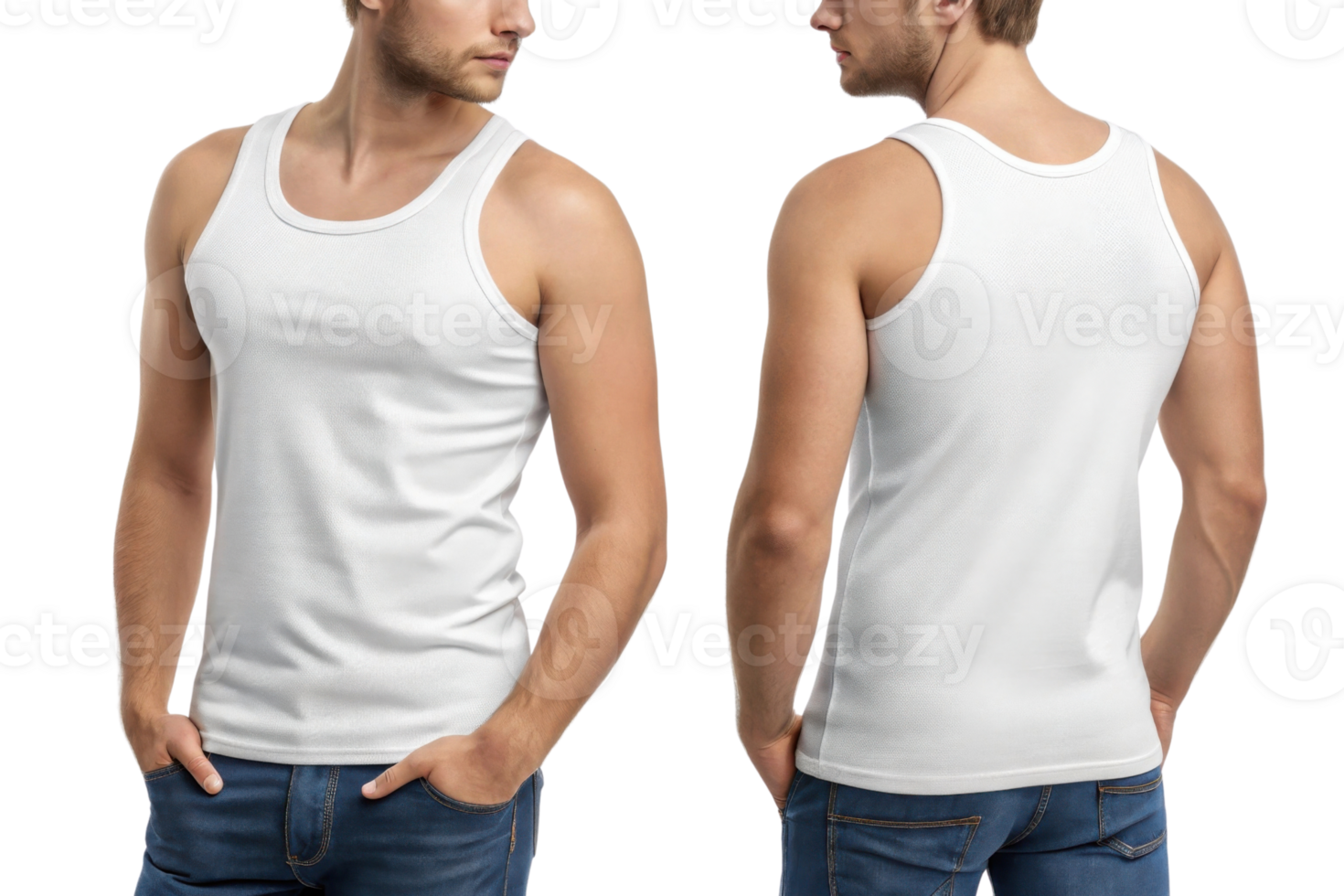 plain white tank top worn by man, showcasing front and back views png