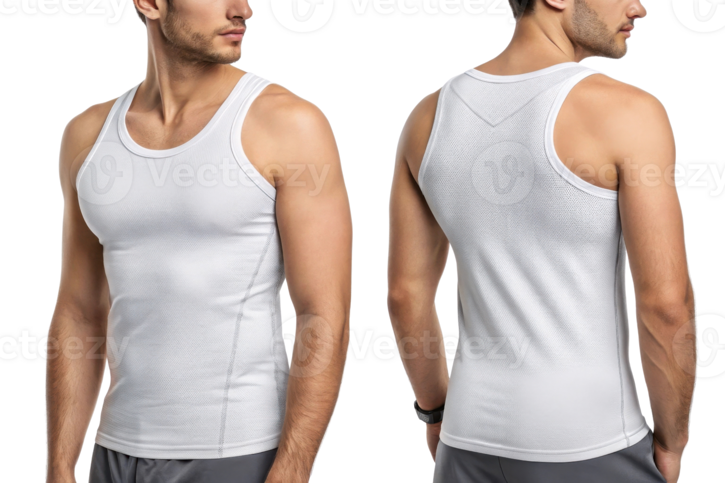 fitted white tank top for men, showcasing front and back views, ideal for workouts or casual wear png