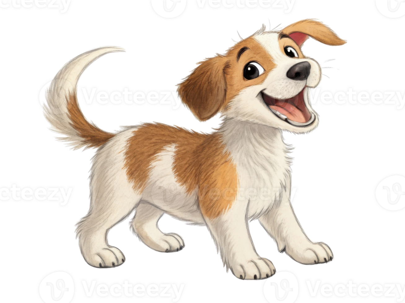 Happy cartoon dog with brown and white fur, playful expression png
