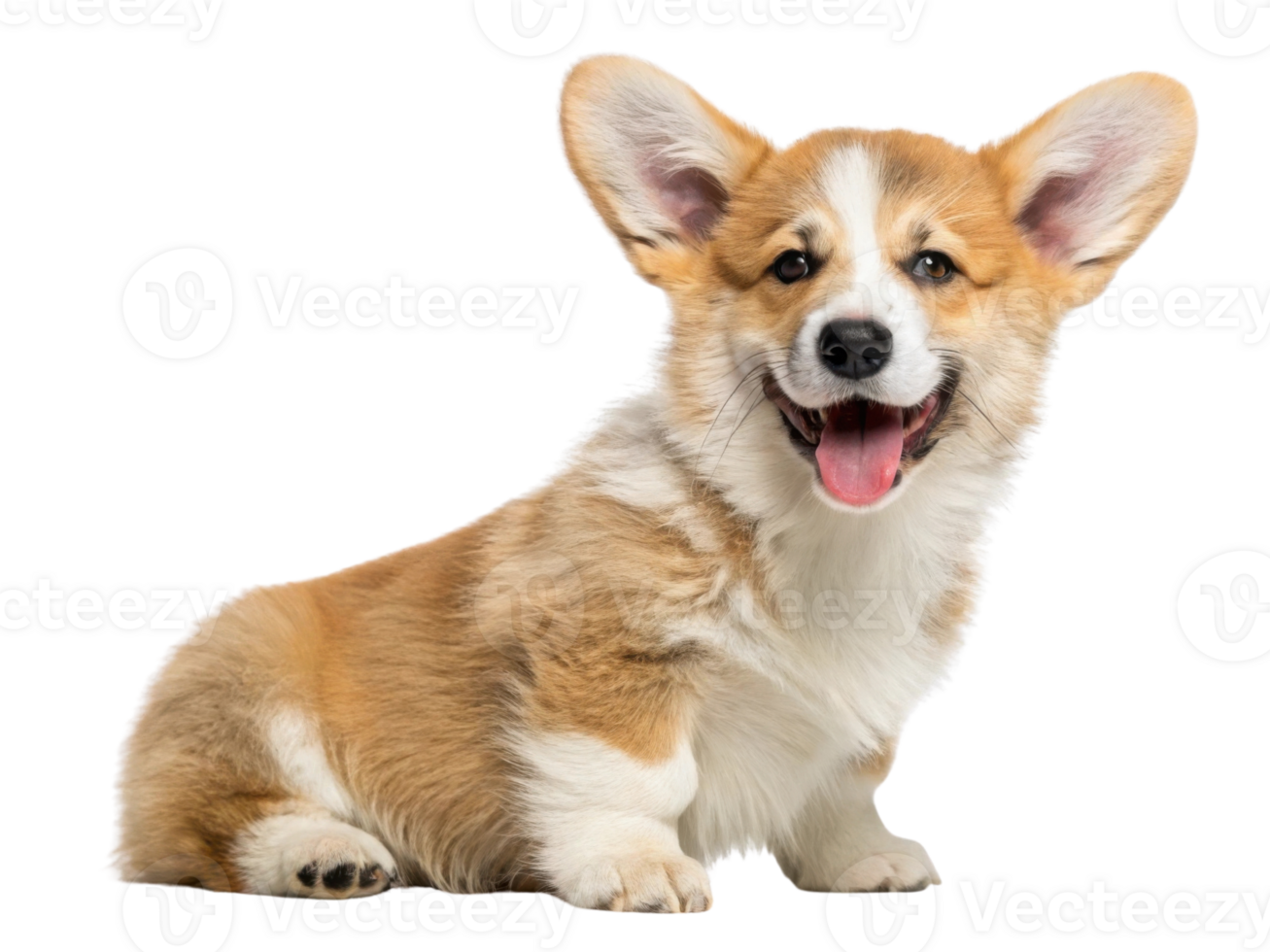 Happy corgi sitting with joyful expression, showcasing its fluffy coat and large ears png