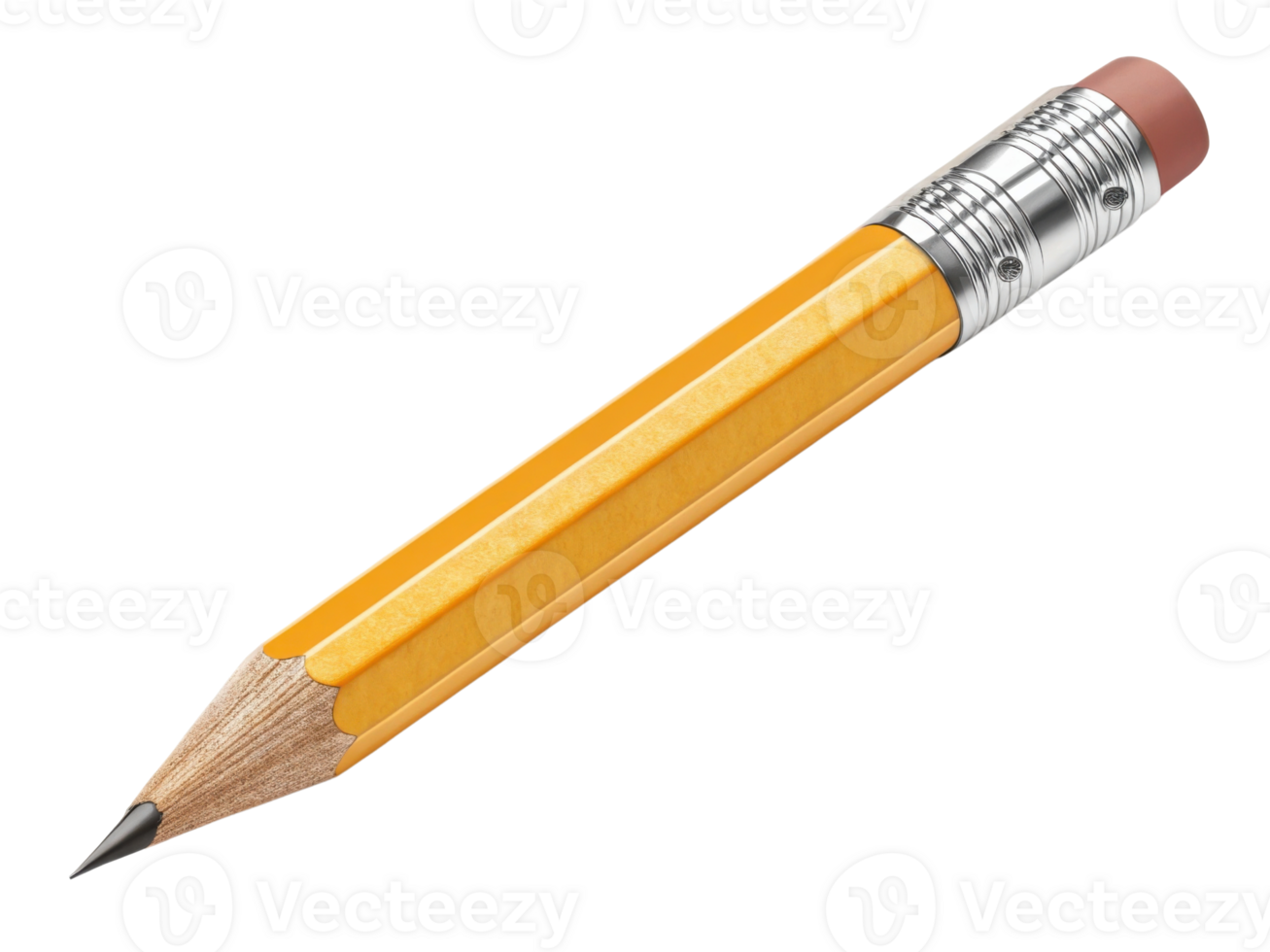 close up view of yellow pencil with silver ferrule and pink eraser, showcasing its sharp tip and wooden body png