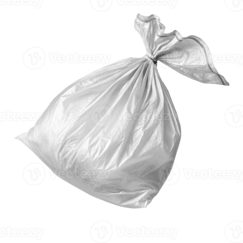 white garbage bag filled with waste, tied at top, isolated on transparent background png