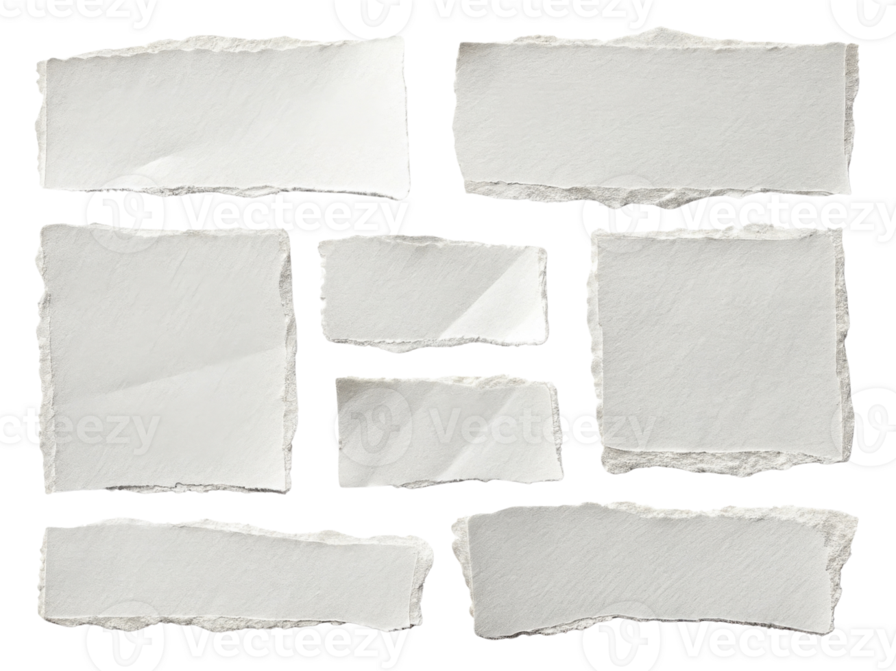 Torn paper pieces in various shapes and sizes on transparency background, perfect for creative projects png
