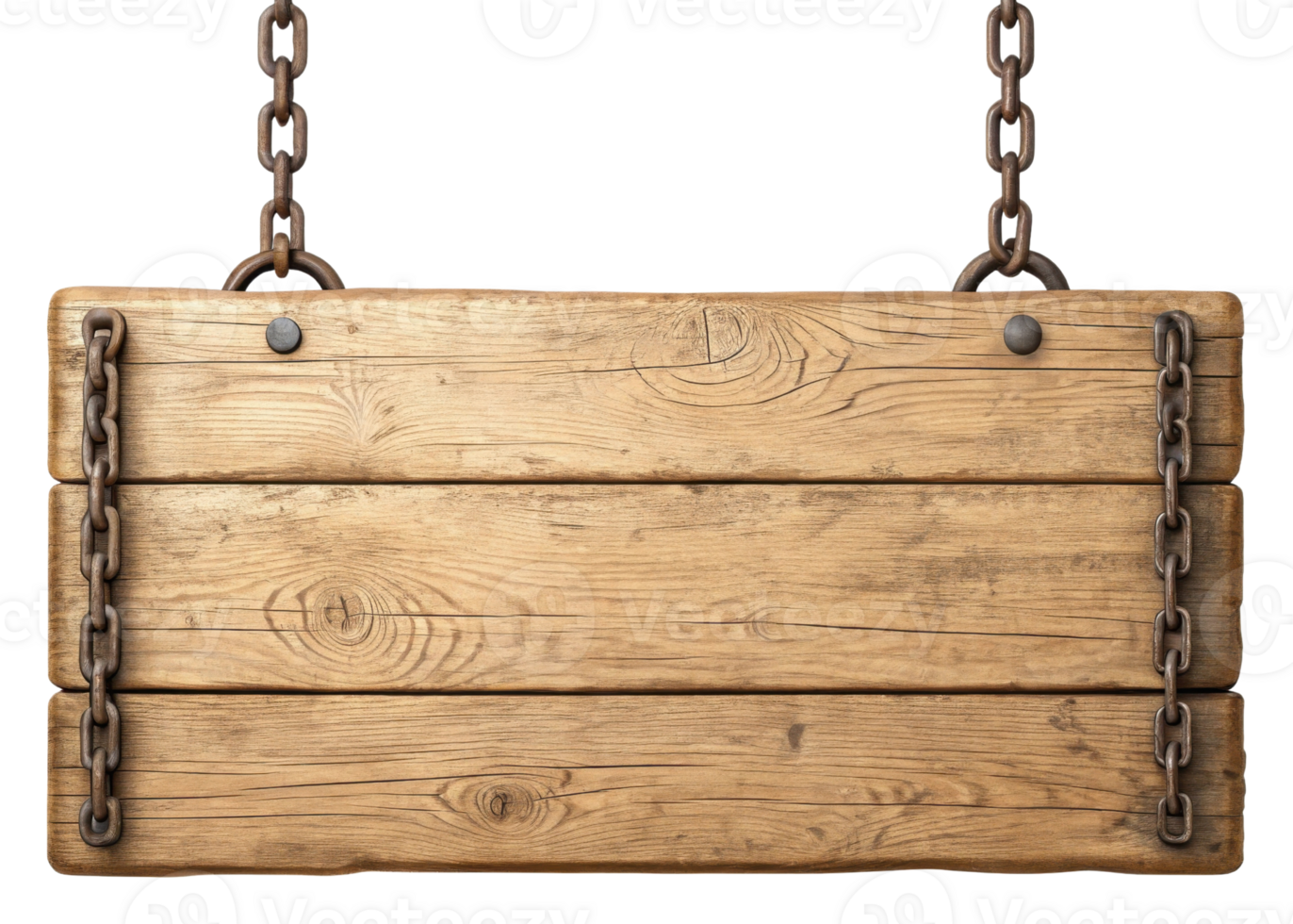 Rustic wooden sign hanging from chains, perfect for decoration or signage. png