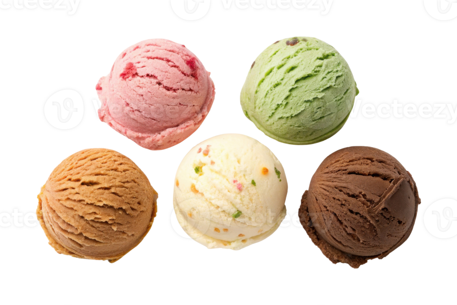 Delicious ice cream scoops in various flavors including chocolate, vanilla, strawberry, mint, and pistachio png