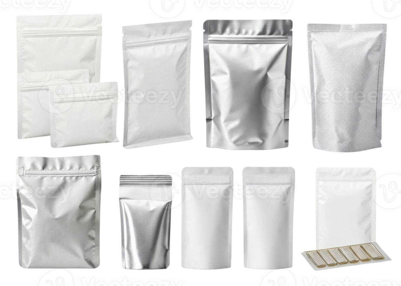 collection of various packaging bags in different sizes and materials, showcasing versatility and design options png