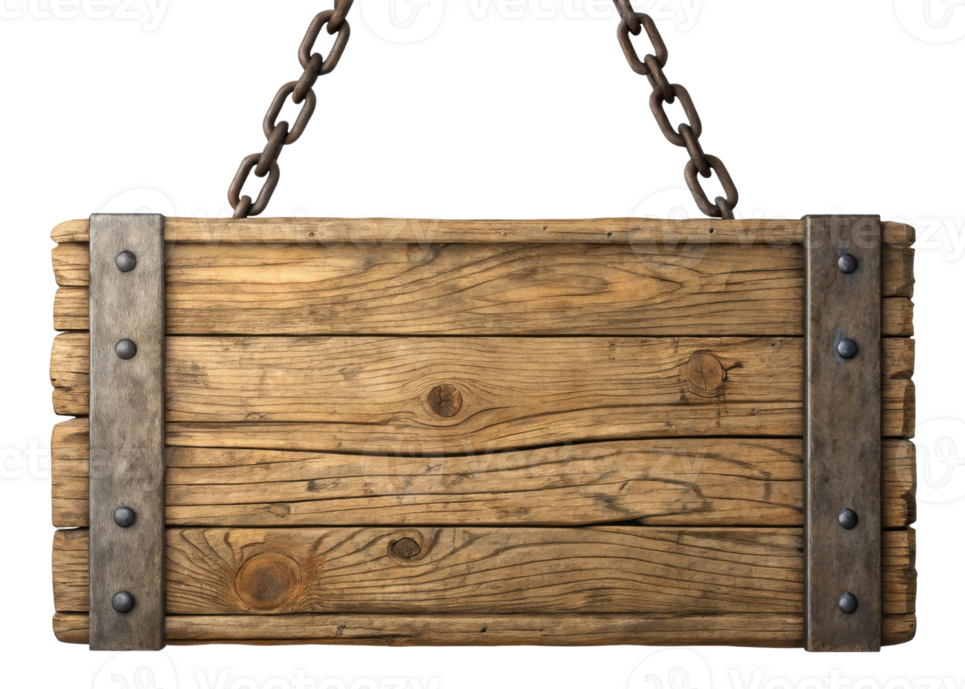 Rustic wooden sign with metal brackets and chains, perfect for decoration or signage png
