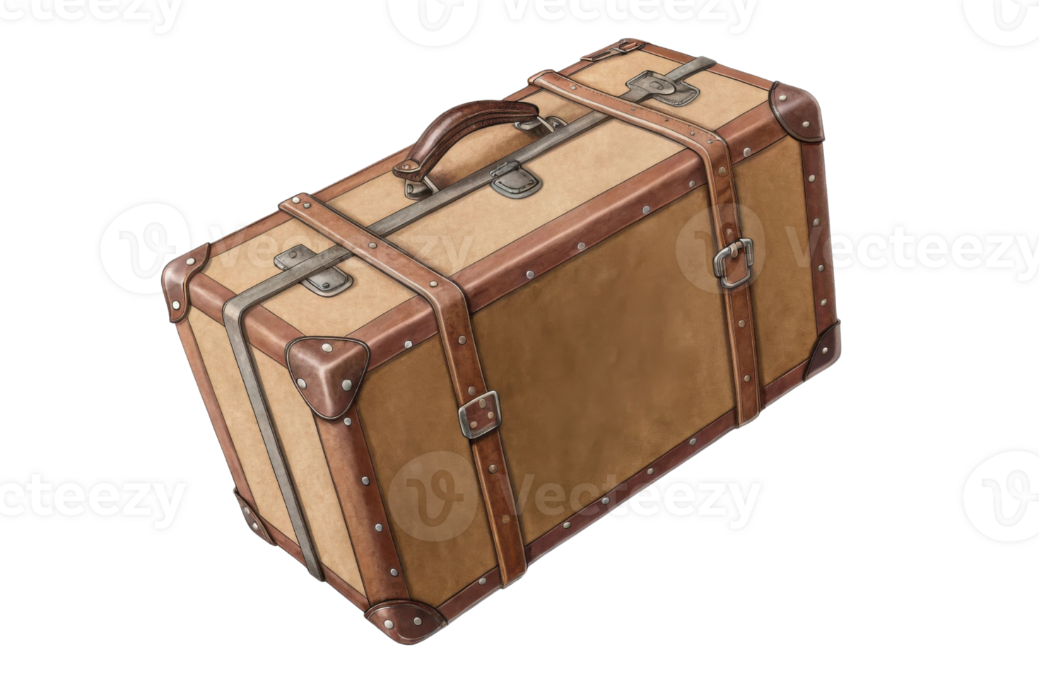 Vintage suitcase with leather straps and metal accents, perfect for travel png