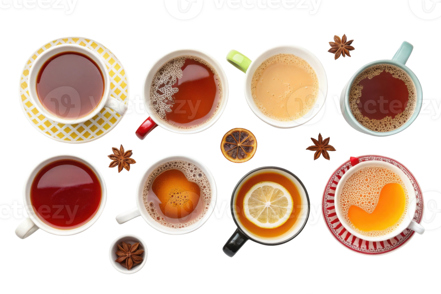 Warm beverages in various cups with spices and citrus png