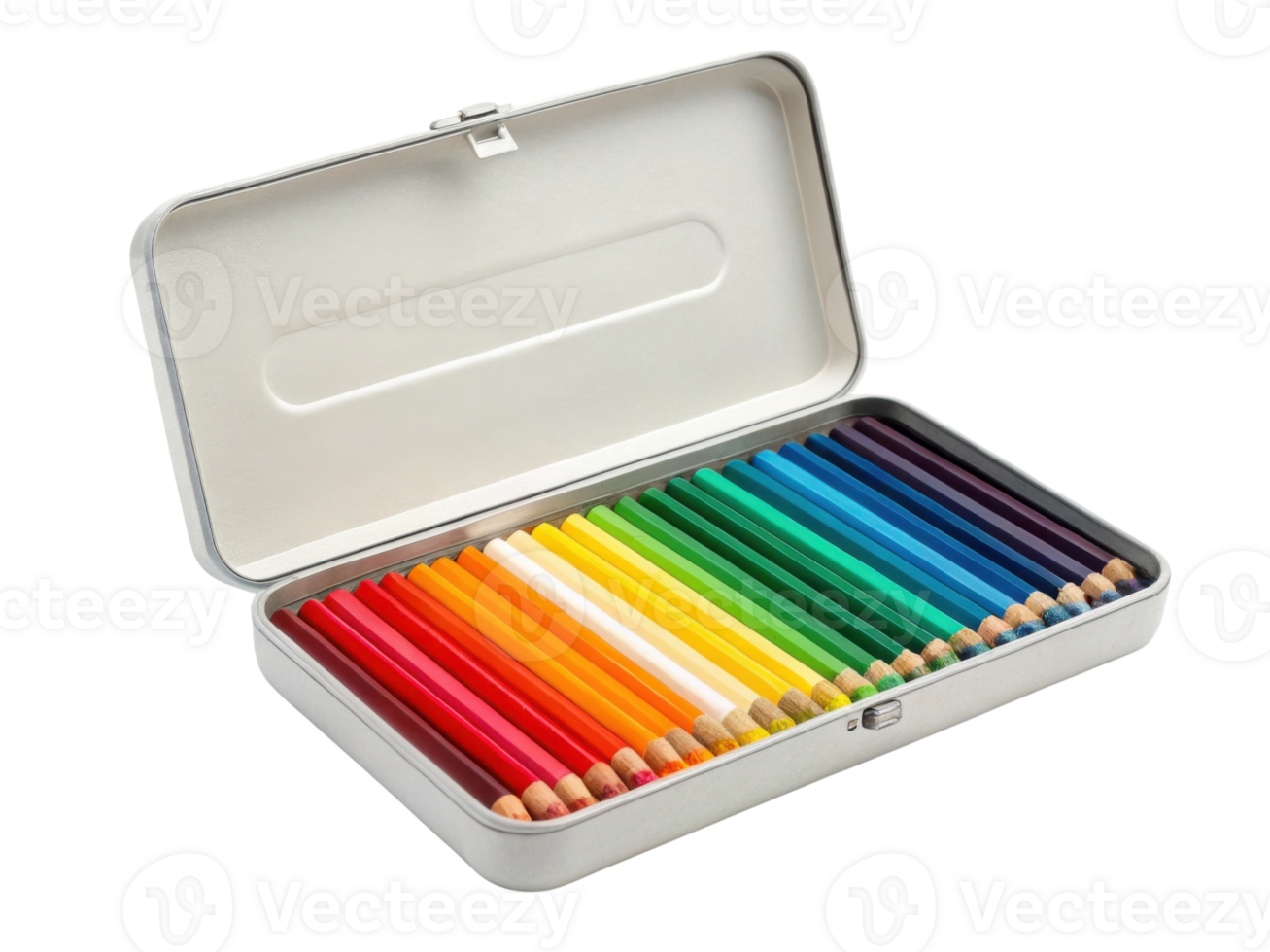 Colorful pencils in metal case, perfect for art and creativity png