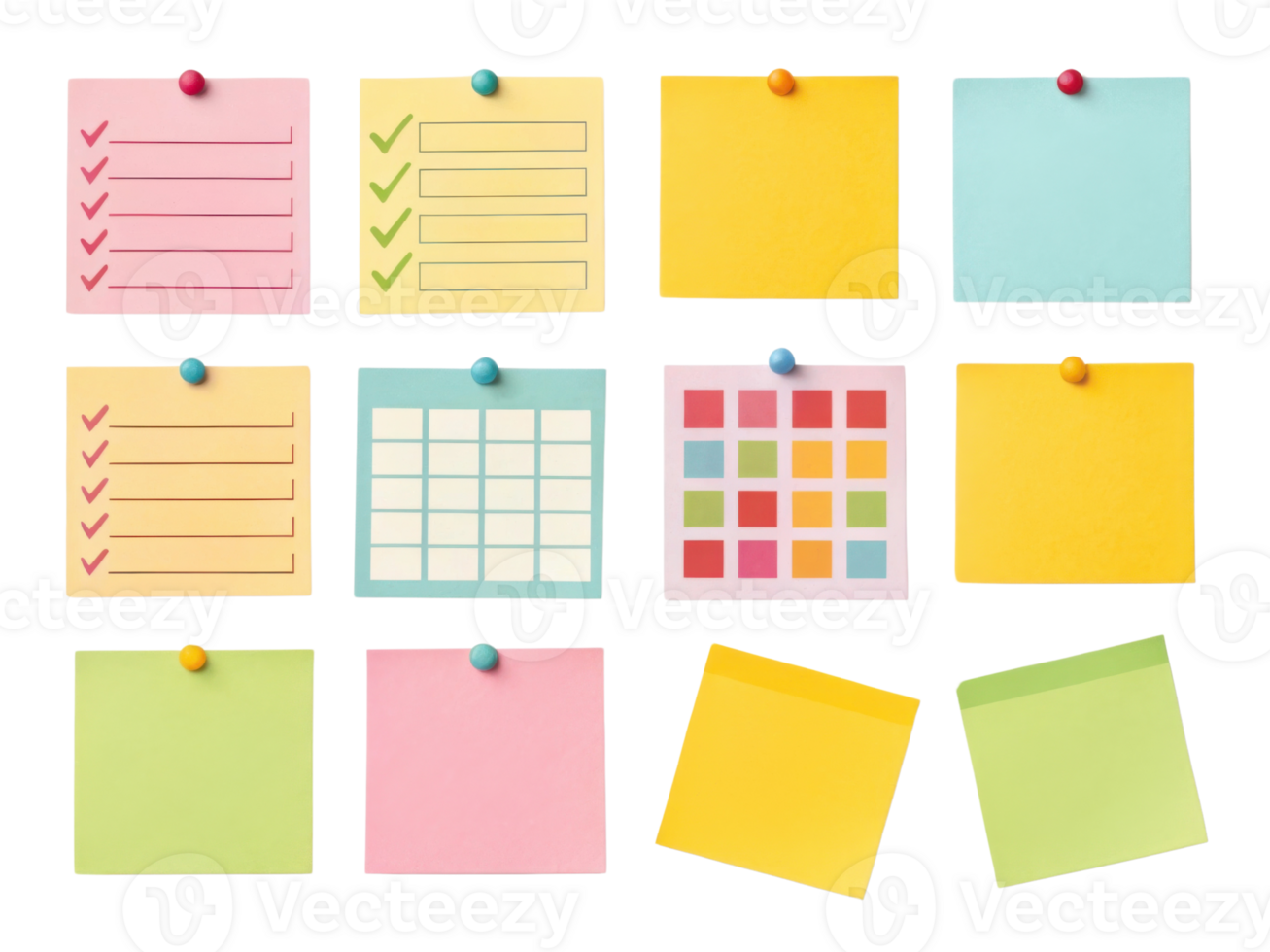 Colorful sticky notes arranged in grid with checklists and patterns png