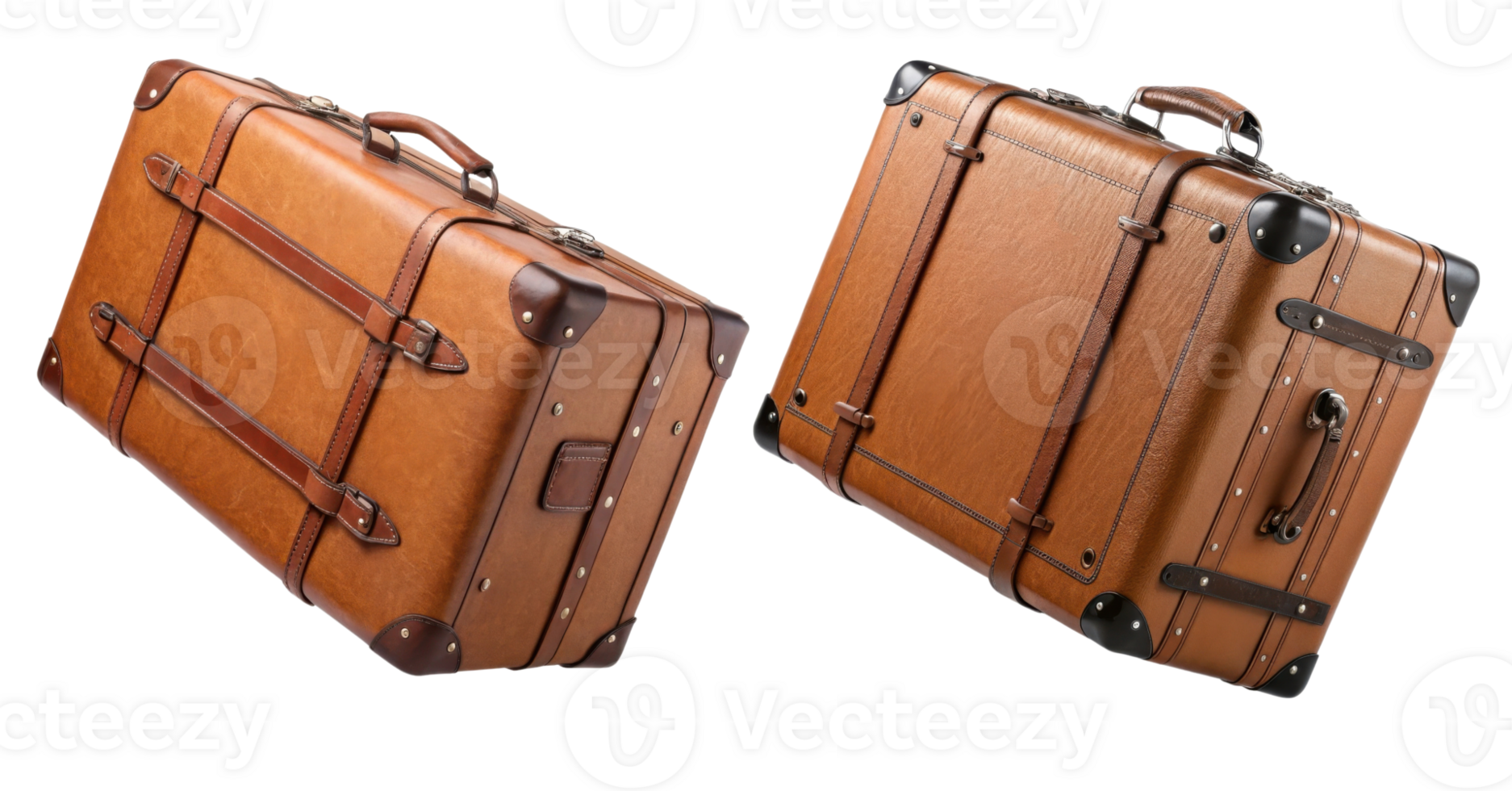Vintage leather suitcase with brown color and metal accents png