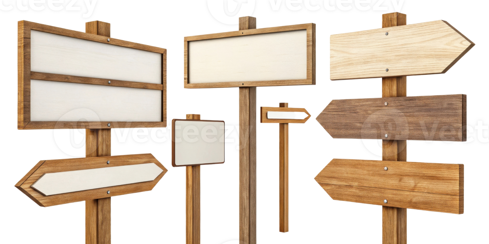 Wooden signposts in various shapes and orientations, ideal for directional guidance and decoration png