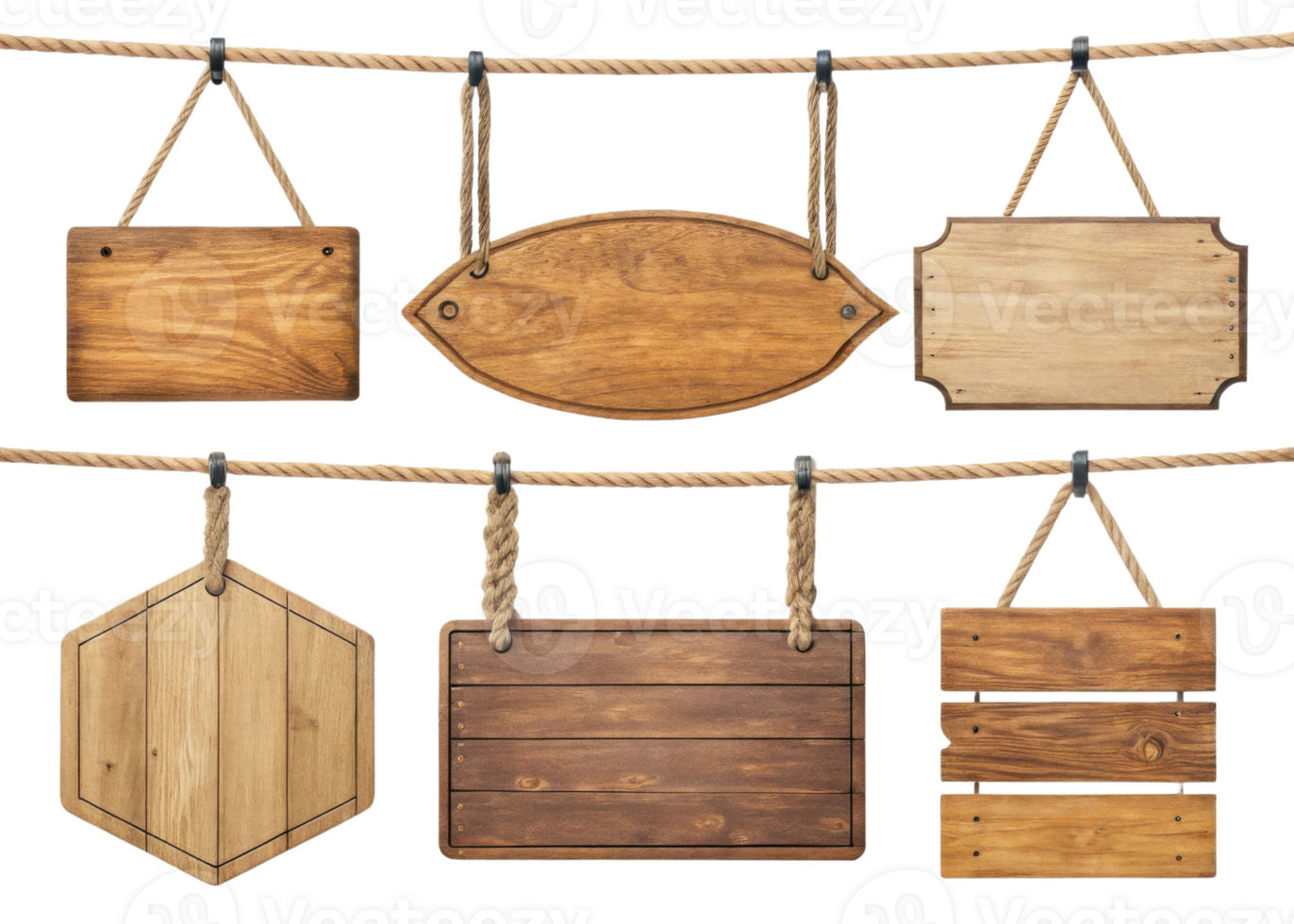 Wooden signs hanging on rope, various shapes and sizes, rustic decor png