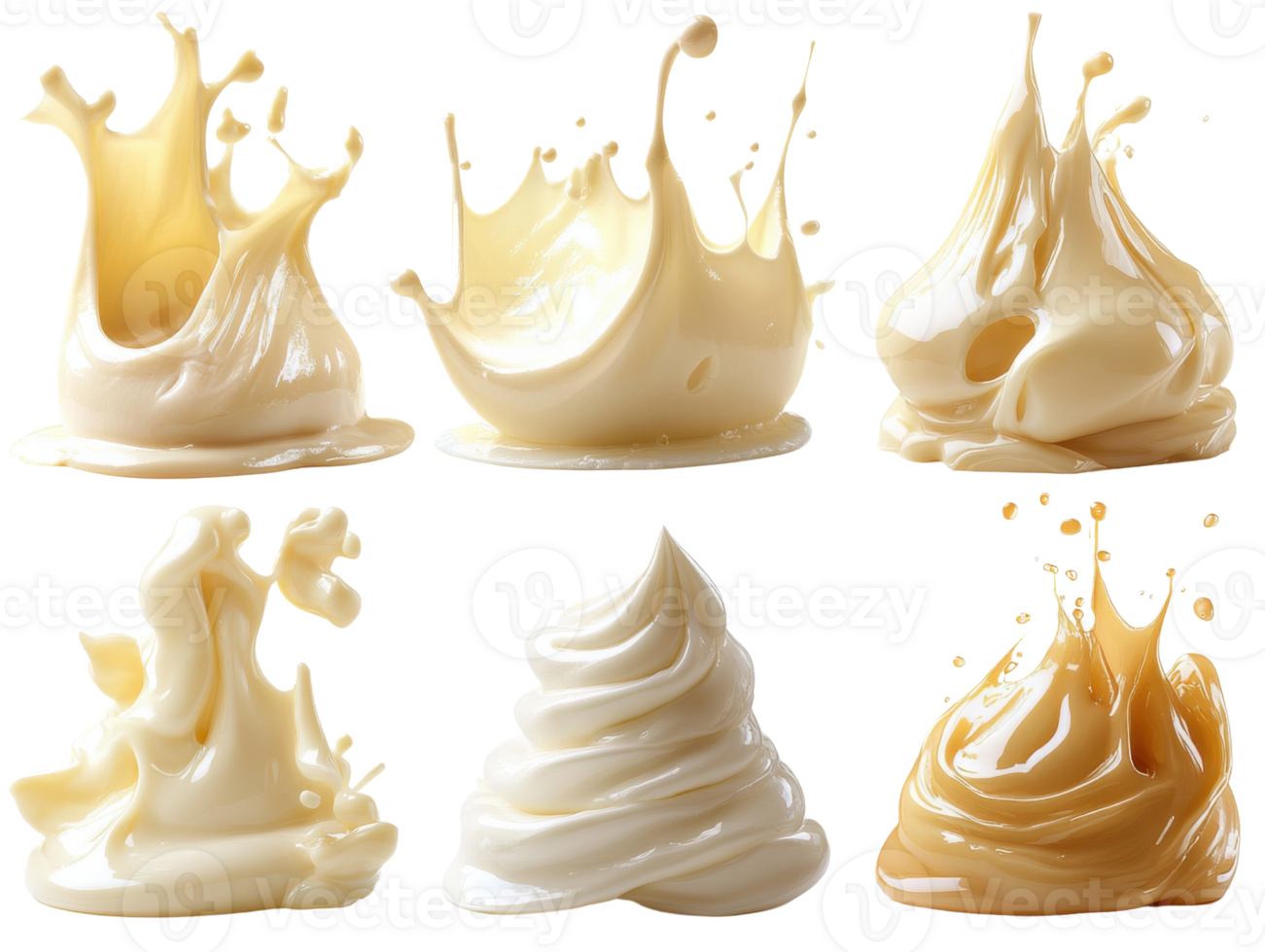 Creamy splashes and swirls of liquid, showcasing various textures and forms png