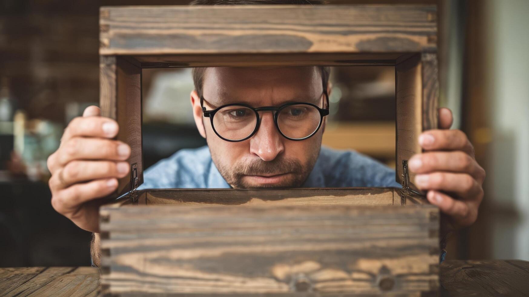 A man wearing glasses is looking through a wooden box photo