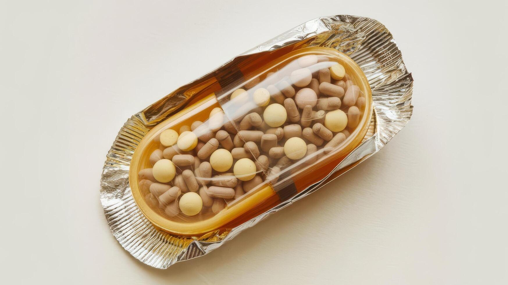 A pill in foil with a white and yellow coating photo