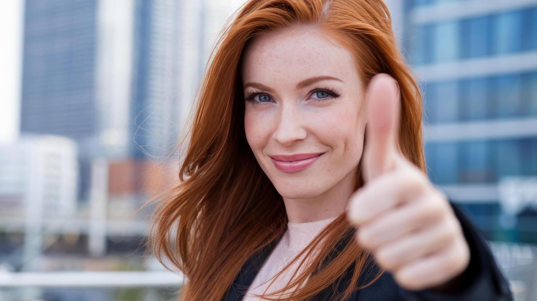 A woman with red hair giving the thumbs up photo