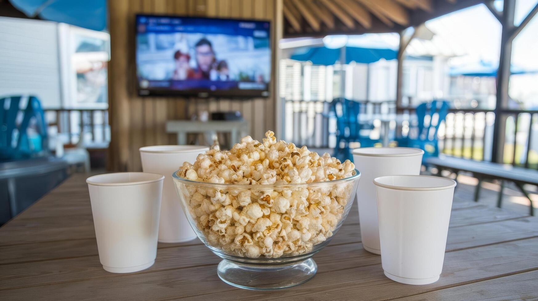 A bowl of popcorn and cups on a wooden table photo