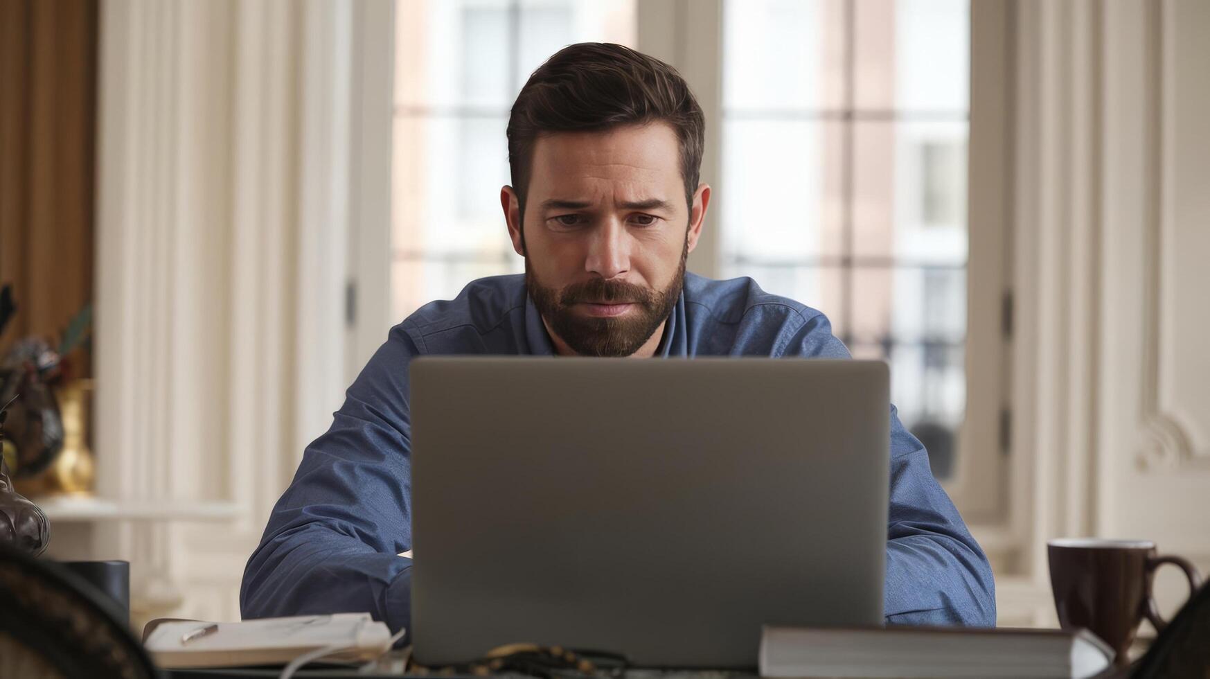 A man sitting at a table with a laptop photo