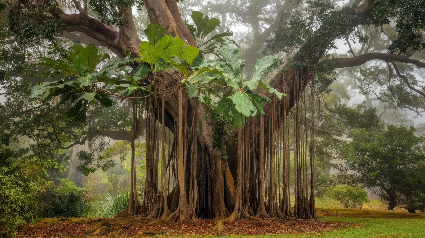 A large banyan tree in the middle of a field photo