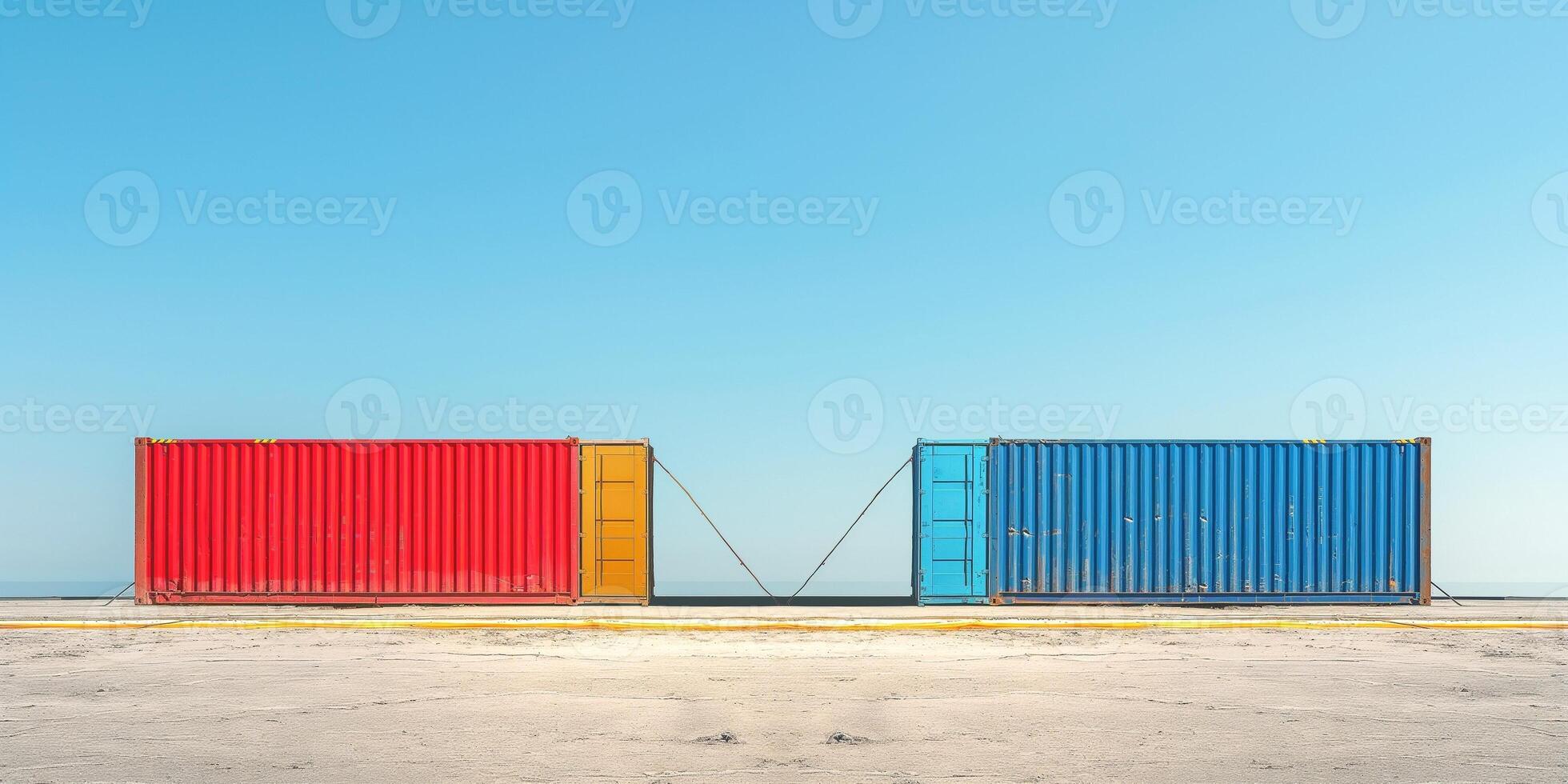 A vibrant red and blue shipping container stand out against a clear blue sky, creating a striking contrast in an industrial setting. photo