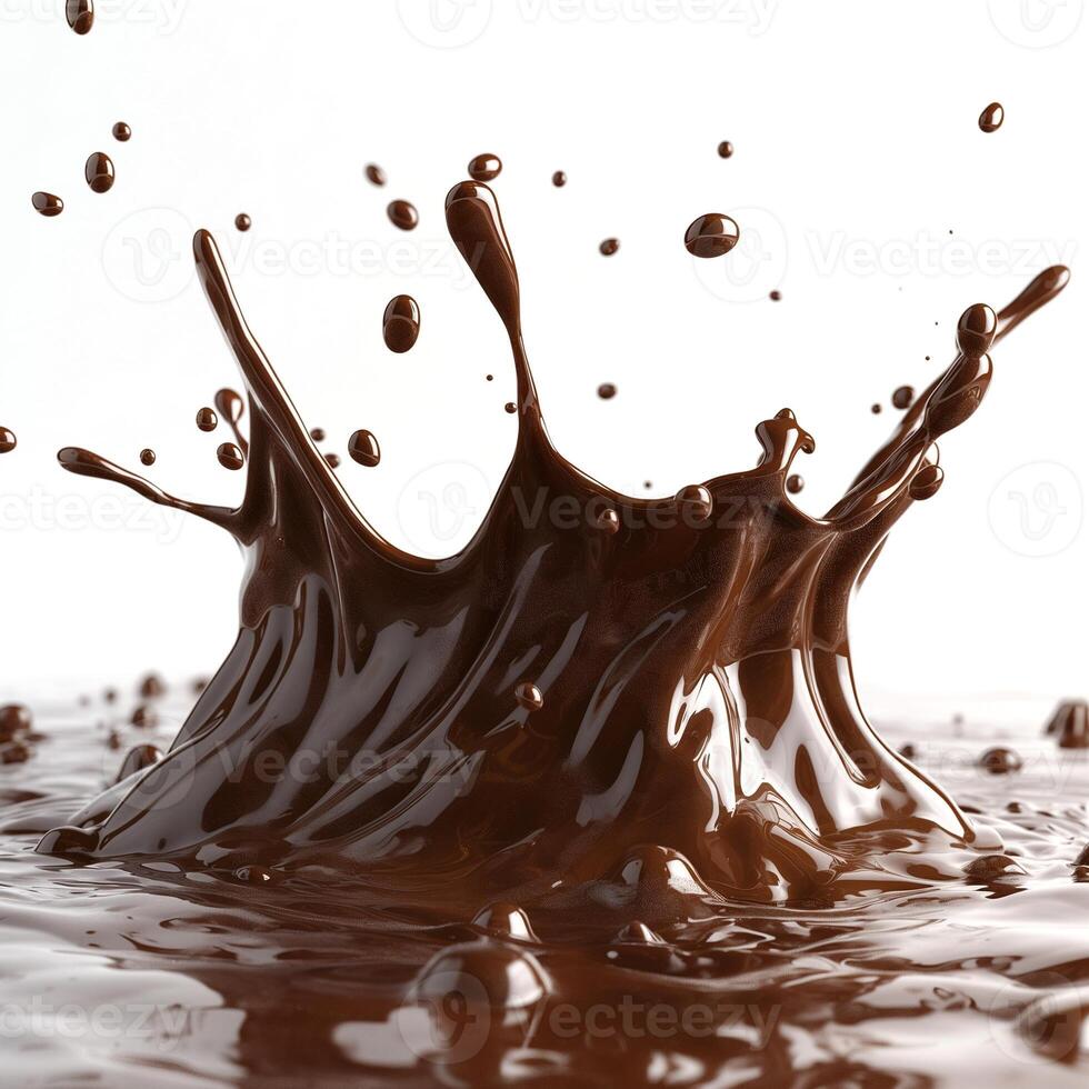 A dynamic splash of rich, dark chocolate creates an artistic visual against a clean, white background. photo