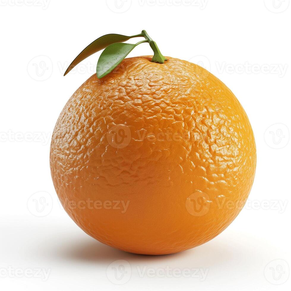 A vibrant orange with a fresh green leaf, showcasing its textured skin and bright color. photo