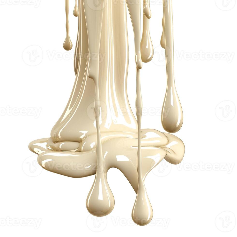Close-up of creamy beige liquid dripping, creating a smooth and glossy texture on a white background. photo