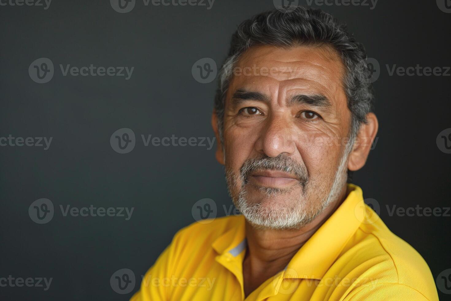Close-up portrait of a middle-aged Hispanic man with salt-and-pepper beard, wearing a bright yellow shirt, looking confidently at the camera. photo