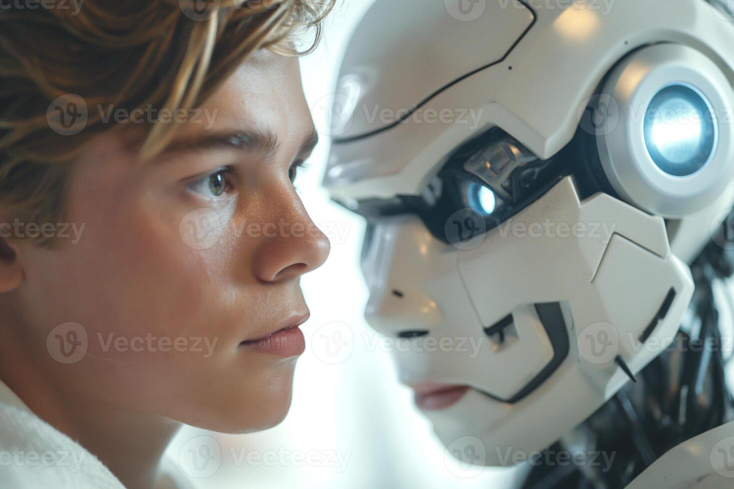A young Caucasian male interacts closely with a futuristic robot, showcasing curiosity and innovation. photo