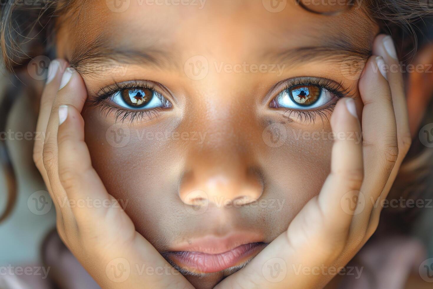 A close-up portrait of a young girl with striking blue eyes, expressing curiosity and contemplation as she rests her face in her hands. photo