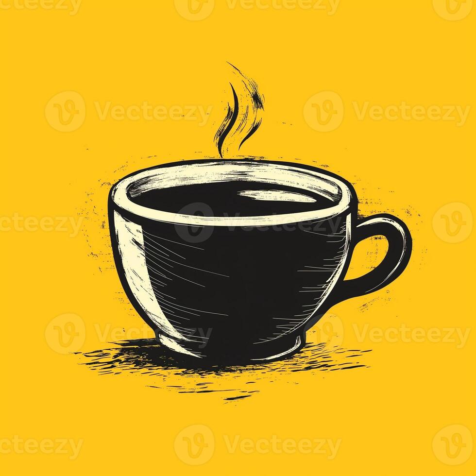 A steaming black coffee cup with a vibrant yellow background, creating a warm and inviting atmosphere. photo