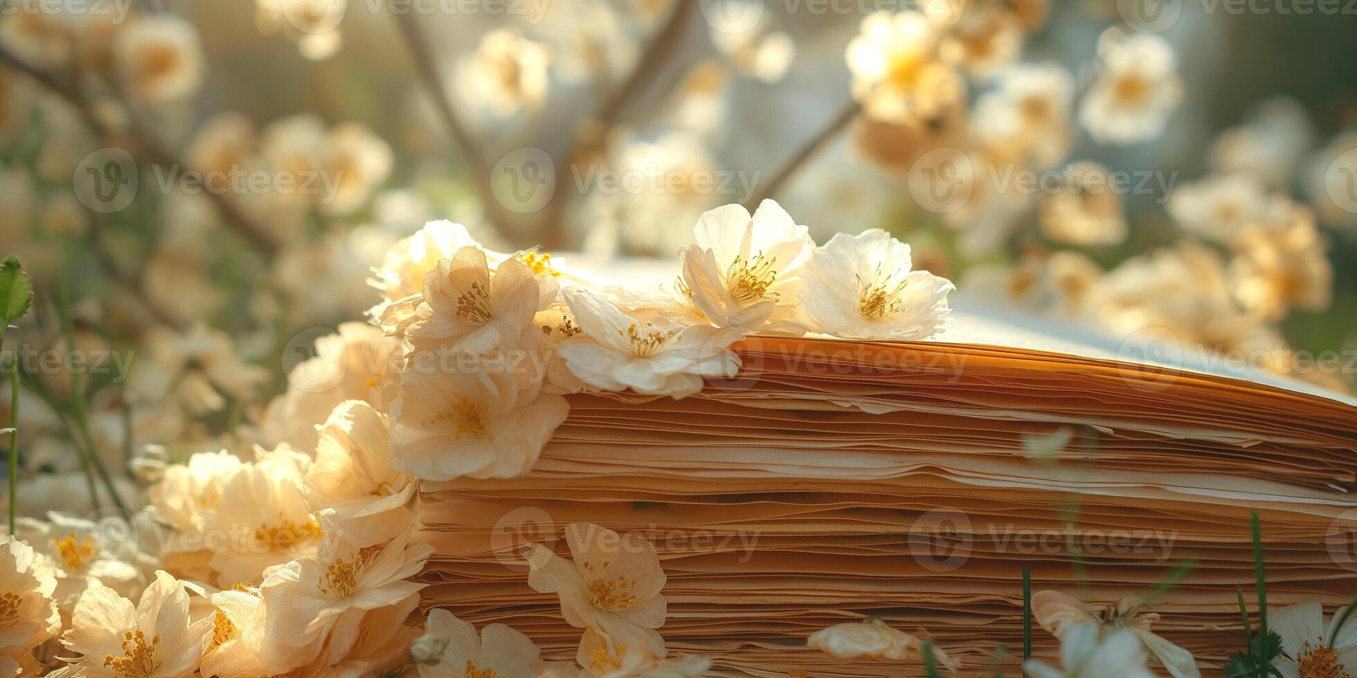 A close-up of an open book adorned with delicate white flowers, glowing softly in warm sunlight. photo