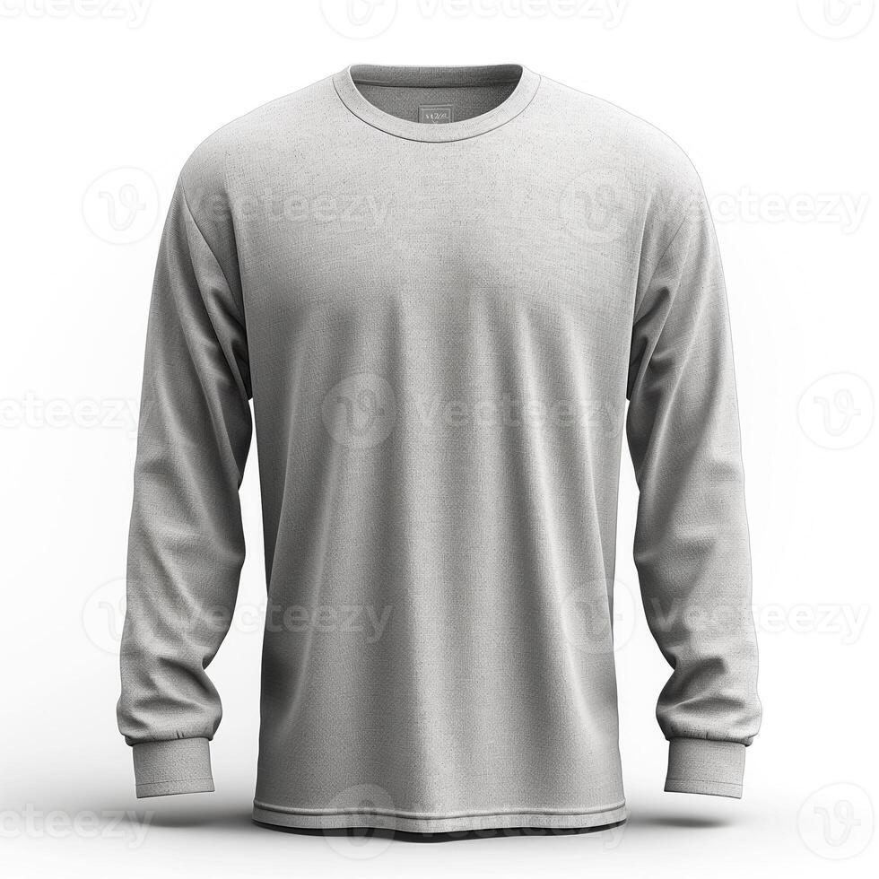 Gray long-sleeve t-shirt displayed on a clean white background, ideal for showcasing casual apparel. photo