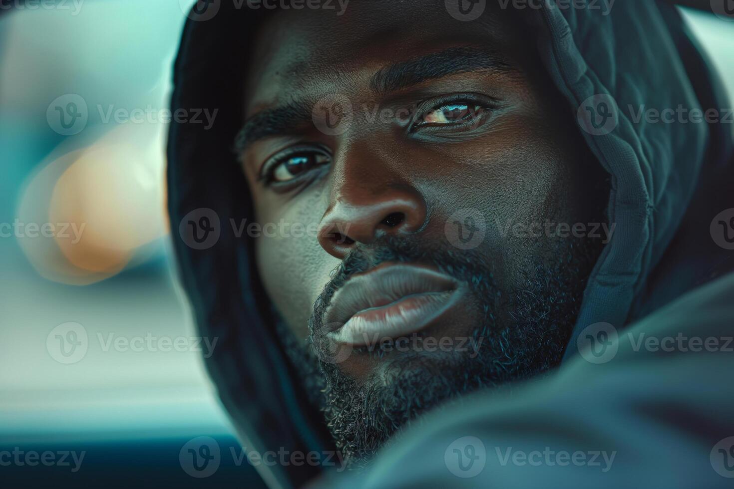 A close-up portrait of a Black male with a serious expression, wearing a dark hoodie, capturing an intense moment in a car. photo