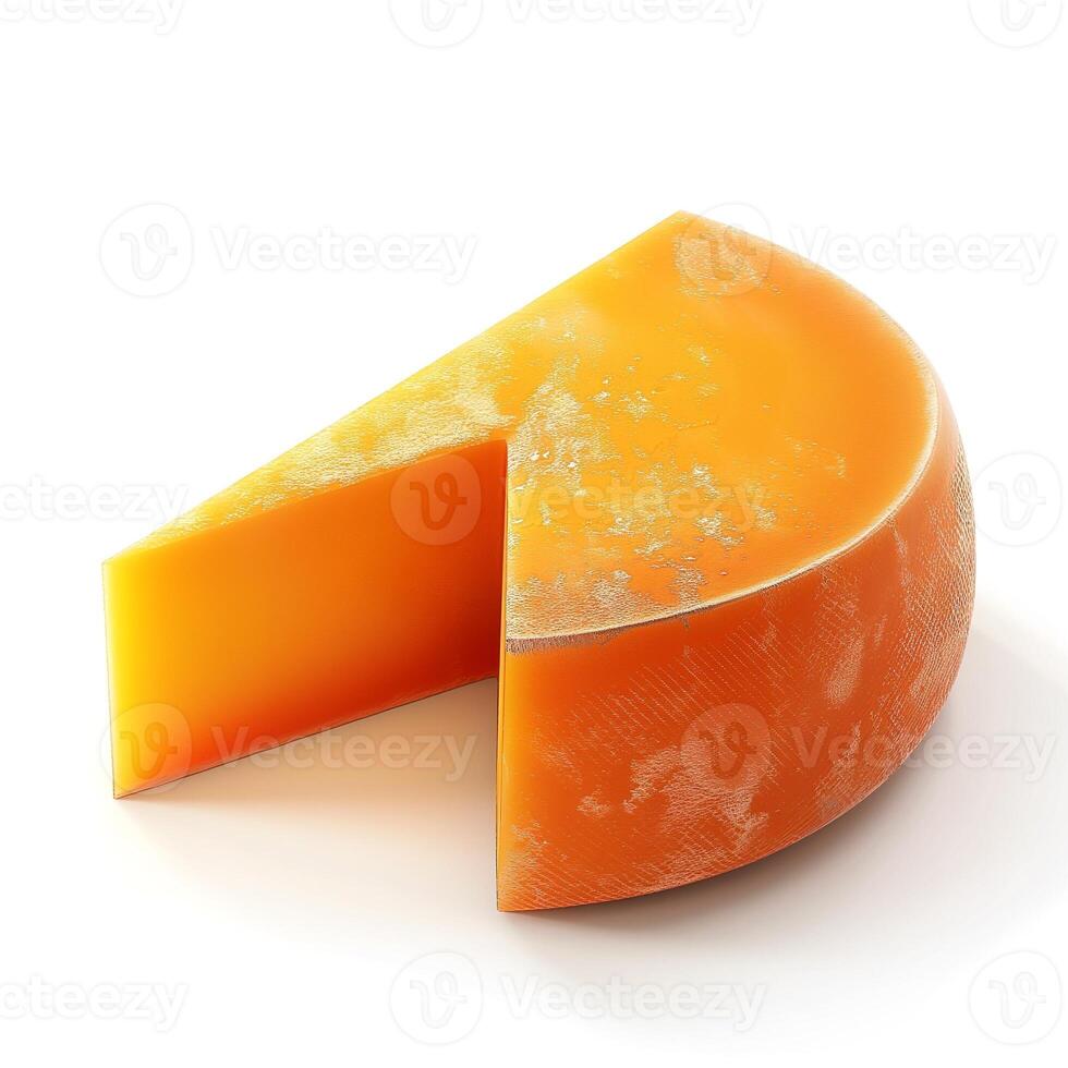 A vibrant orange cheese wheel with a triangular wedge removed, showcasing its rich color and smooth texture. photo