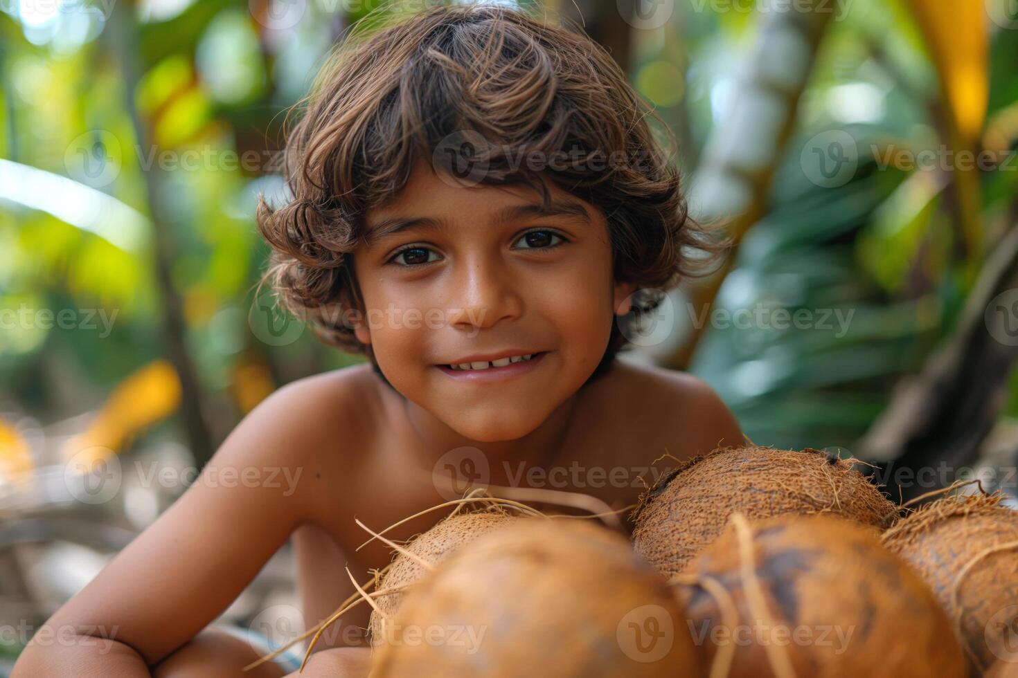 Smiling young boy with curly hair posing playfully with coconuts in a tropical setting, showcasing a carefree childhood. photo