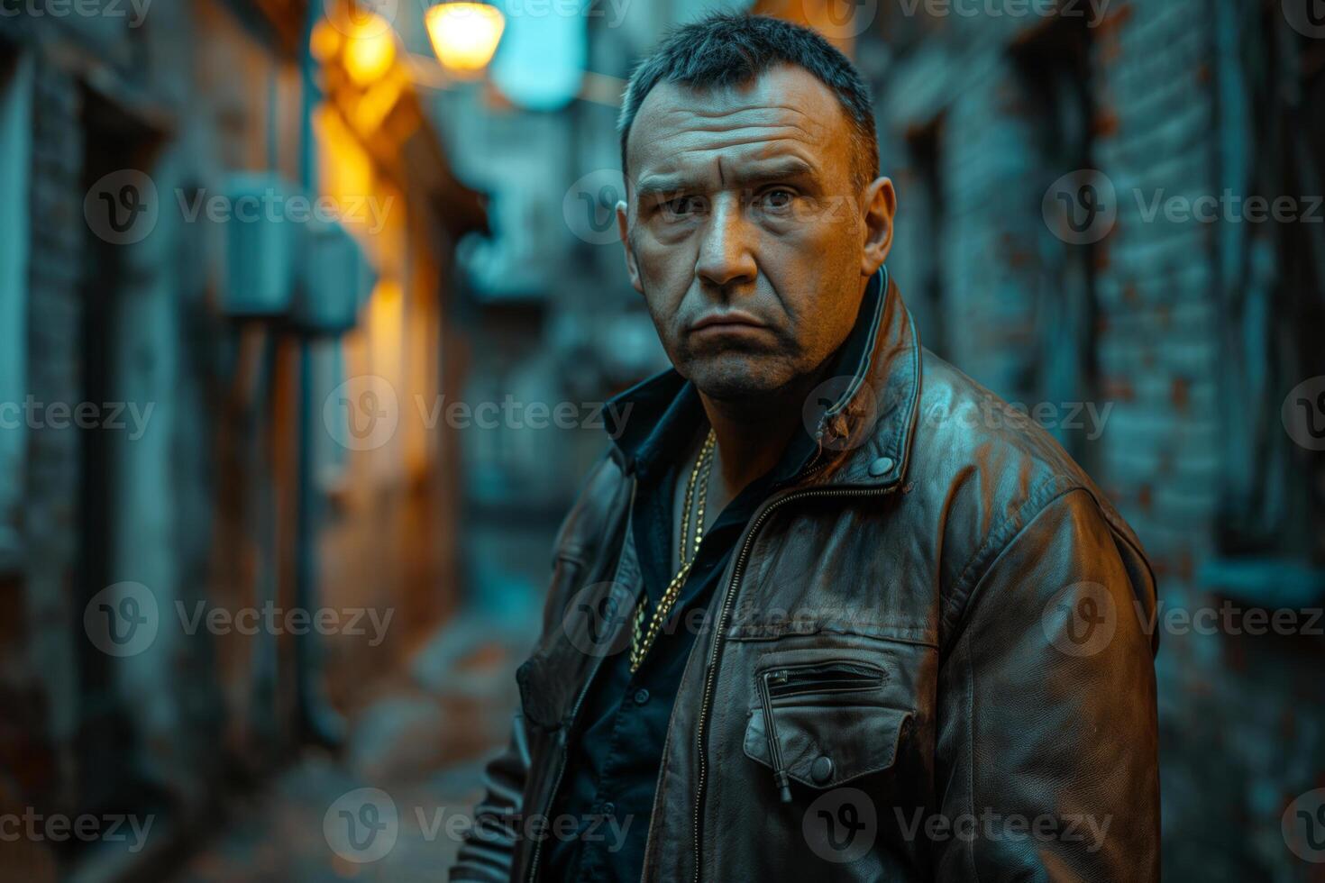 A serious middle-aged man in a leather jacket stands in a dimly lit alleyway, exuding a tough demeanor. photo