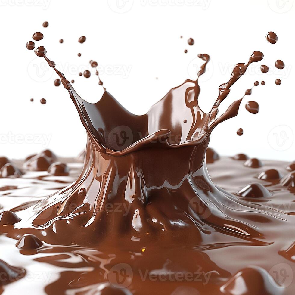 A dynamic splash of rich, dark chocolate showcasing its glossy texture and fluid motion against a light background. photo
