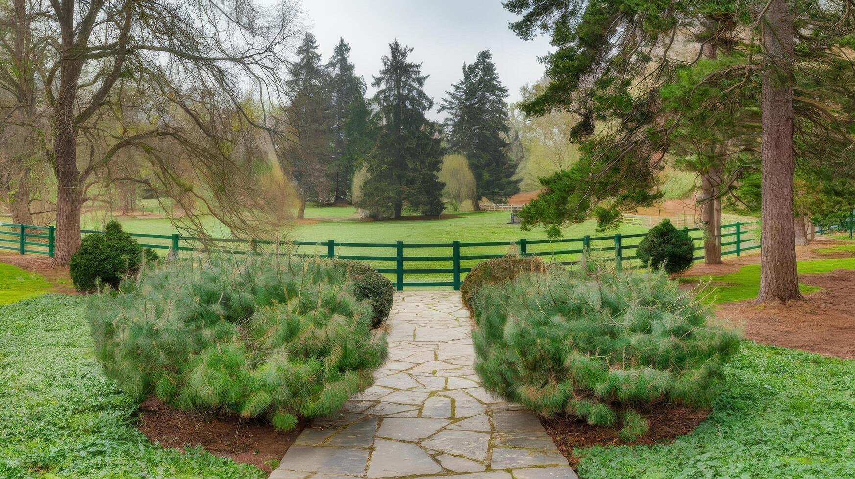 A pathway leads to a green fence and trees photo
