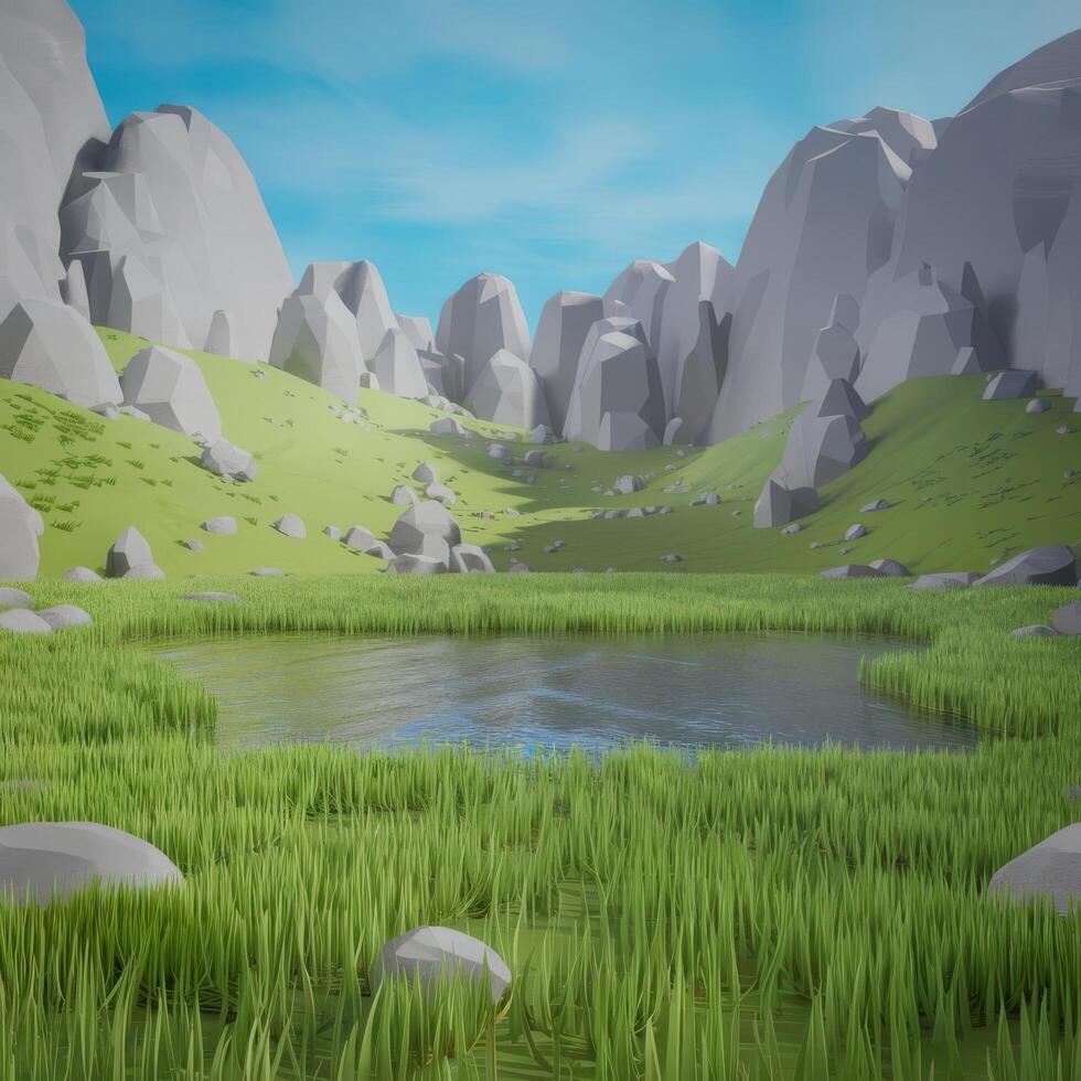A low poly landscape with grass and rocks photo