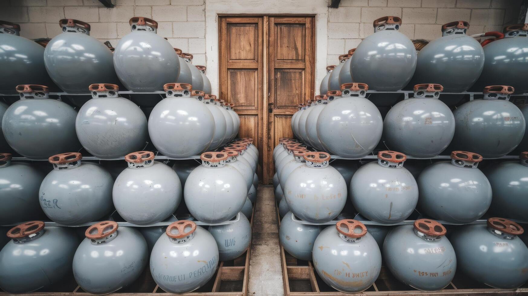 A large pile of gas cylinders in a warehouse photo