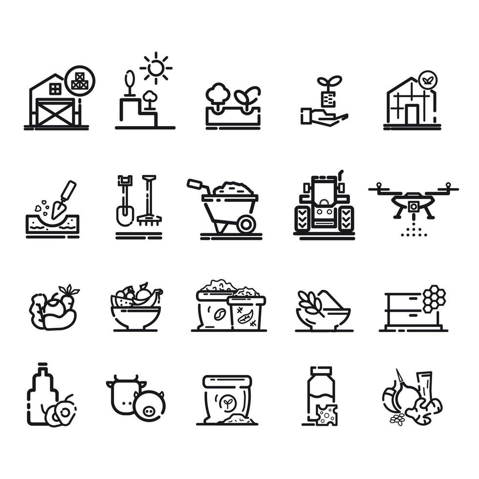 Smart biotech agriculture and farm outline icon set vector